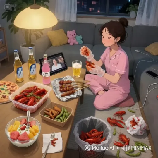 女性边吃小龙虾边喝啤酒，小龙虾冒着热气，平板电脑播放热剧。[左摇,变焦推进] by Hailuo AI Video Generator