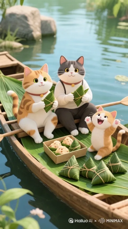 三只猫咪坐在粽叶船上，猫咪爸爸，猫咪妈妈在船上包粽子，包了一盒粽子，一只猫咪孩子高兴拍手，旁边的水波荡漾，微微小风，画面真实，电影质感。 by Hailuo AI Video Generator