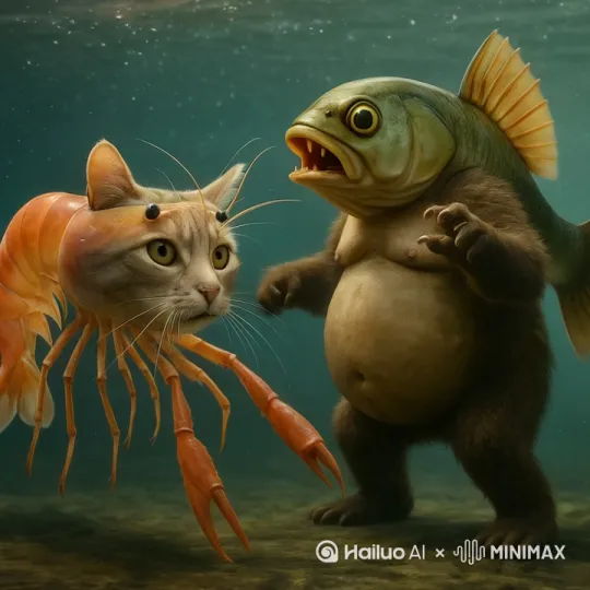 打架，鱼把虾猫打倒突然，猫虾变成了巨型皮皮虾猫虾，用他那带刺的大钳子，伤害鱼头鱼头人也使出了他的大拳头，他们打的不可开交 by Hailuo AI Video Generator