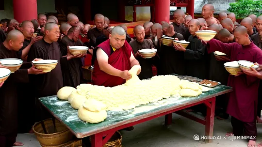 在中国寺庙一个露天厨房旁边，一个胖和尚正在揉一个巨大的、铺满整张桌子的面团。周围围满了端着碗的和尚，挤得里三层外三层。 by Hailuo AI Video Generator