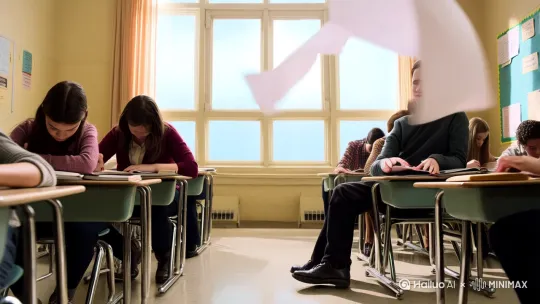 教室内，一张白纸被风从窗户外吹了进来，飘落在地上。学生们仍在低头学习。主人公从座位上站起来，弯腰捡起地上的纸。[全景，平视角]空无一人的学校走廊，阳光透过窗户在地上投下斑驳的光影。一张白纸被风吹着，在走廊里翻飞。[推镜头][推进]镜头沿着走廊向前推进。中景，背后视角，主人公从背后出现，[跟随]荷兰式角度，追逐着在走廊里飞舞的白纸。[晃动]他奔跑着，伸出手试图抓住纸，纸张在风的带动下忽高忽低。镜头跟随他移动，并有倾斜和仰拍，营造动感和追逐的氛围。电影级调色，高级电影氛围 by Hailuo AI Video Generator