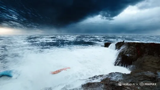 性感的海螺姑娘在一个风雨交加的天气从海里走上岸边，只为给心爱的男人展示自己新做的火龙果色的美甲 by Hailuo AI Video Generator