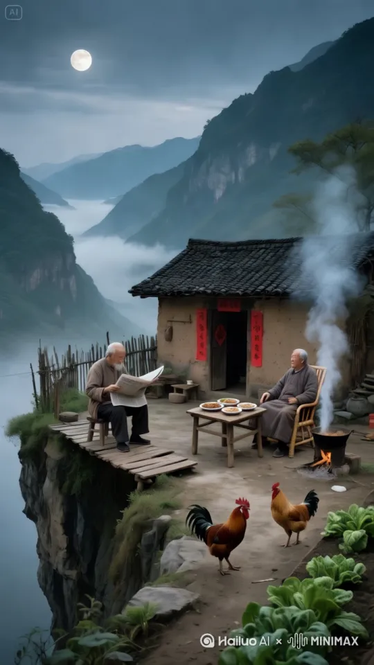 悬崖边缘的古朴小屋，周围群山云雾缭绕。左侧老人在木板桥上看报，右侧老人摇椅旁炉灶炊烟袅袅。几只公鸡在菜畦边踱步，门口春联映着黑瓦土坯房。 by Hailuo AI Video Generator