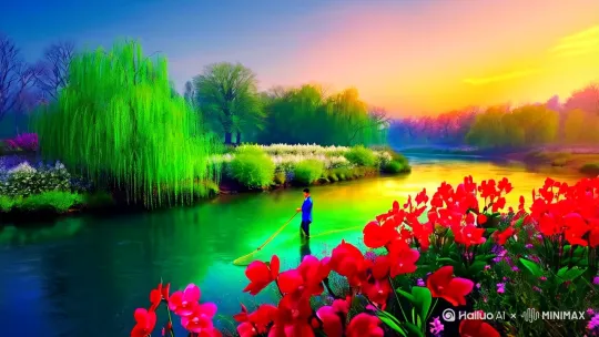 日出江花红胜火，春来江水柳树绿如兰，水彩，高质量的画面，江里有帅哥在用鱼网捕鱼，更多细节清晰可见，更高的分辨率，画面色彩明亮，大师级作品，8K,CG[左移,上升] by Hailuo AI Video Generator
