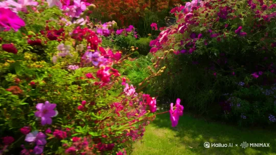 踏入梦境花园，馥郁花香如轻柔纱幔，缠绕周
身。繁花肆意舒展，色彩明艳动人，每一瓣都
藏着梦幻的低语。微风拂过，枝叶摇曳，奏响
自然的乐章，时间在此刻停驻，心也沉醉在这
无边的美好里。其中还一个牌子，牌子上写着我在永州等你，高清 by Hailuo AI Video Generator