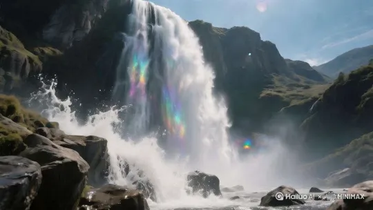 [下摇]山腰处，一道瀑布如银河倒挂，水流如万马奔腾般汹涌倾泻而下，砸落在下方的岩石上，溅起数丈高的水花，水花晶莹剔透，在阳光的折射下闪烁着五彩光芒，但在青绿色雾气的笼罩下，五彩光芒也显得有些虚幻。 by Hailuo AI Video Generator