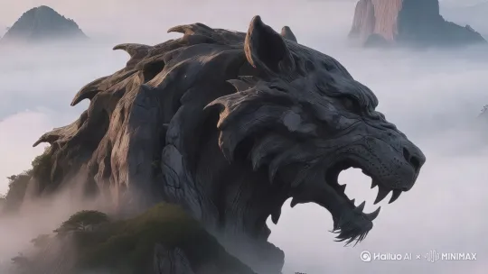 [右移,左摇,跟随]石头兽像不会移动，镜头以石头兽像为目标运镜，大雾翻滚，石头兽像忽隐忽现 by Hailuo AI Video Generator