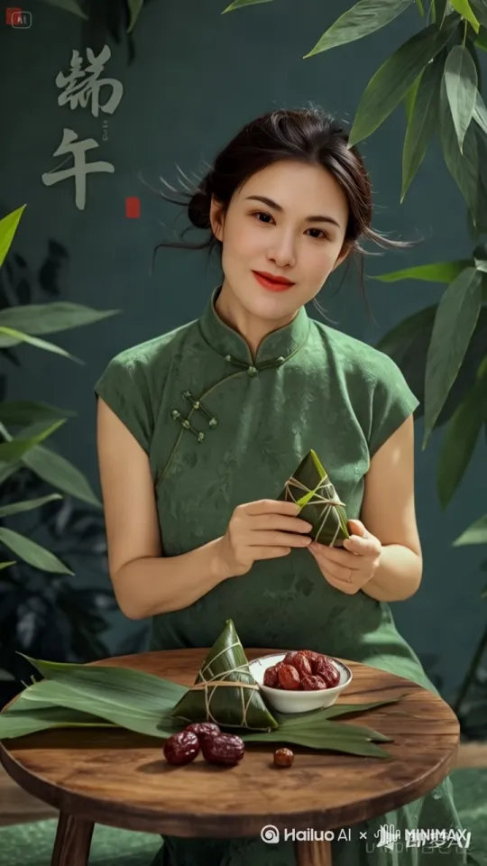 帮我生成视频：让图片中的的模特放下手里的粽子  ，双臂平举双手合十，说端午节祝大家幸福接“粽”而来  ，顺意安康。 by Hailuo AI Video Generator