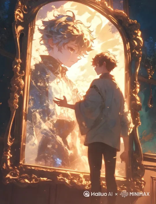 一位少年站在古老的金边镜前，镜中的“自己”眼神哀伤，眼泪缓缓滑落。当泪水触及镜面，它没有被阻挡，而是穿过镜子，轻轻滴落在现实中少年的掌心。镜子发出淡淡光晕，镜内与镜外的两人相互凝望，整个空间沉浸在安静、柔和而哀伤的氛围中。金色尘埃在光束中缓缓飘浮，镜面仿佛连接着两个灵魂世界。 by Hailuo AI Video Generator