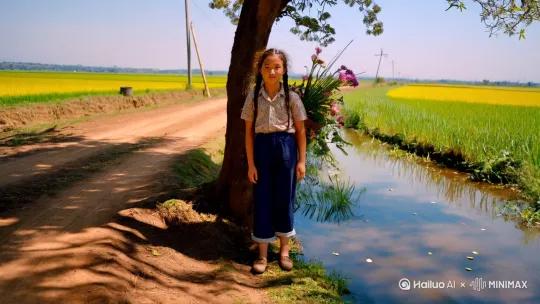 80年代南方乡村小路,泥土路面有车辙痕迹。扎双麻花辫的少女(18-20岁)穿着洗褪色的碎花棉衬衫、藏蓝涤纶长裤,裤脚卷至脚踝。她背倚老槐树,竹编背篓装满野菊与狗尾草。阳光穿过树叶间隙形成光斑,在她肩头跳跃,右脸颊酒窝随笑容深陷
环境细节
前景:溪水泛粼光,漂浮几片槐花瓣
背景:远处稻田泛起青黄色,电线杆斜立
动态指令
镜头缓推 小芳突然回头望向镜头,麻花辫甩动时发丝毛躁感可见,汗珠沿鬓角滑至下颌
参数提示
胶片质感 柯达Gold 200暖色调 皮肤汗湿反光层 树影摇曳频率:0.5Hz by Hailuo AI Video Generator