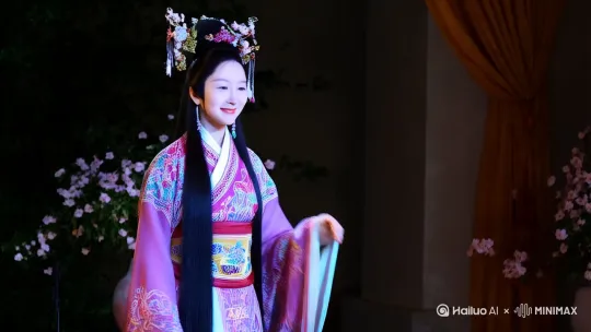 想要一个戏曲风格，旦角。服装华丽，眼神妩媚，笑容微笑，笑时犹带岭梅香 by Hailuo AI Video Generator