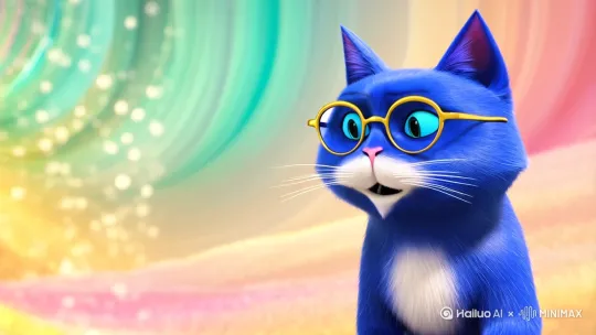 一个蓝色的猫戴着眼镜说话 by Hailuo AI Video Generator