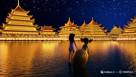 波光粼粼的湖面，湖面上有灯火通明的古建筑群，天空繁星点点。一个女生被长寿螺妖小孩牵着走过去 by Hailuo AI Video Generator