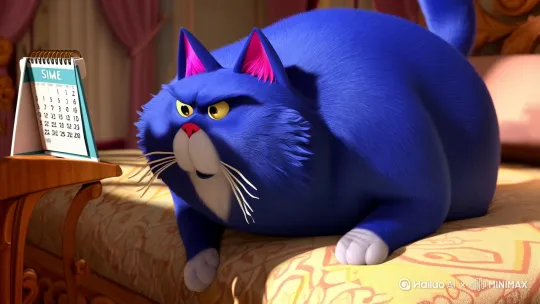 蓝猫: 3D动画风格，画面主体是一只蓝色的胖猫，耳朵内侧为粉色，有着白色的胡须和粉色的鼻子，在床上看着日历 大喊大叫 从愤怒到开心 视频时间长一些 by Hailuo AI Video Generator