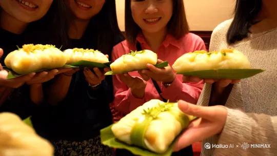 几个好友每人手里拿着一个粽子，背景墙上写着“澜夕群友端午安康”中文字 by Hailuo AI Video Generator