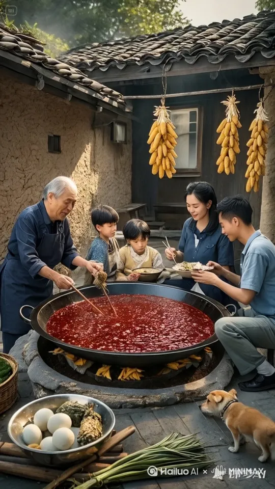 一家人正在涮火锅，狗狗突然跳进了锅里，火锅料四溅飞散，妈妈把小孩护在身后，爷爷和爸爸都吓呆了 by Hailuo AI Video Generator