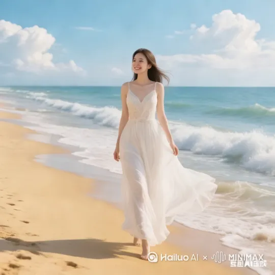美女开心的在海边漫步走着 by Hailuo AI Video Generator