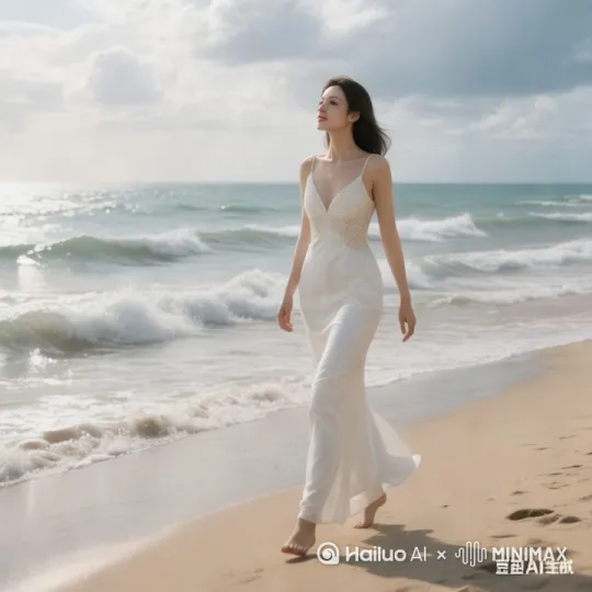 美女开心海边漫步 by Hailuo AI Video Generator