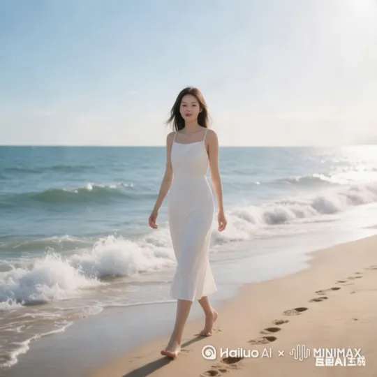 美女开心海边漫步 by Hailuo AI Video Generator