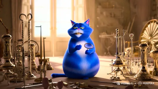 一只蓝色很胖的猫在修补自己的门牙 by Hailuo AI Video Generator