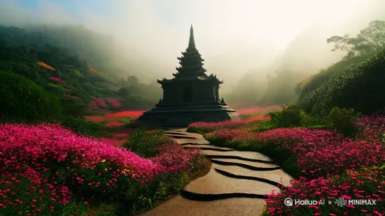 薄雾如纱，曲径通幽，禅房花木深。画面深邃，景物明暗度对比强烈，高清电影质感，画面比例16:9。 by Hailuo AI Video Generator