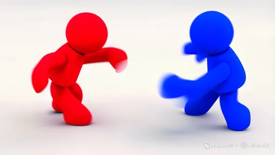 一个红色火柴人和一个蓝色火柴人打架。 by Hailuo AI Video Generator