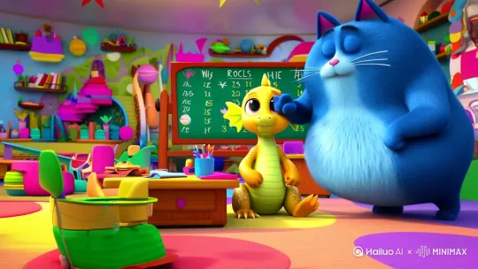 蓝色的胖猫在教室里教黄色的奶龙数学题 by Hailuo AI Video Generator