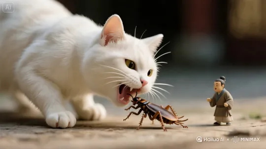 猫猫咪用爪子按住蟑螂。一口将蟑螂吞下。蟑螂不停还挣扎着，小矮人惊讶的后退几步，动作幅度较大。动作流畅自然 by Hailuo AI Video Generator