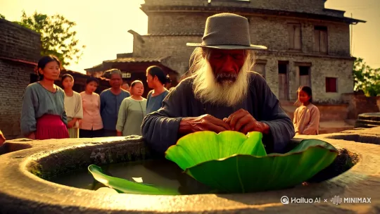 场景：在一处古旧建筑旁，似乎是乡村或古镇的户外环境，人们聚集在一起，氛围显得日常而亲切。
色彩：整体色调偏暖，带有复古质感。人物衣着颜色多样，有蓝色、灰色、红色等。荷叶呈现出鲜亮的绿色，水缸的颜色为灰黑色，背景建筑是古朴的砖灰色。
主体：画面主体是一位戴着灰色帽子、穿着蓝色衣服、留着白色长胡须的老人，他正专注地摆弄水缸里的大荷叶。背景中还有多位不同年龄、穿着朴素的男女老少，他们或站或观望。 by Hailuo AI Video Generator