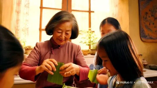 端午节到了全家人开开心心的包粽奶奶带着娃娃们包。爷爷急忙去烧水准备煮粽孑。今天真是开心的曰子，鸟儿唱起歌，狗儿高兴的跳。端午节好热闹！ by Hailuo AI Video Generator