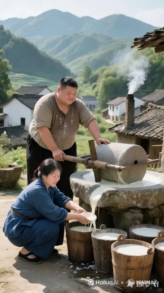 镜头跟随，动态移动，男人推动石磨快速转起来，豆浆源源不断的流进桶里 by Hailuo AI Video Generator