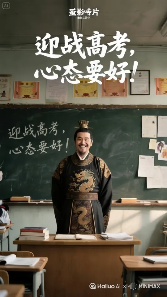 刘备笑容满面地抬起双手，然后左手扶在桌子上，右手慢慢抬起至头顶，然后指向上方，光线柔和，高清晰度，电影质感。[下降,上摇] by Hailuo AI Video Generator