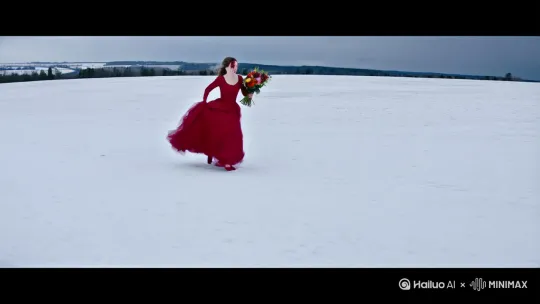 一个穿红色裙子的女人手中拿着花，额头上有血，在雪地中奔跑 by Hailuo AI Video Generator