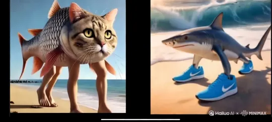 右边的耐克鲨鱼一声怒吼海浪把左边的鱼猫冲走 by Hailuo AI Video Generator