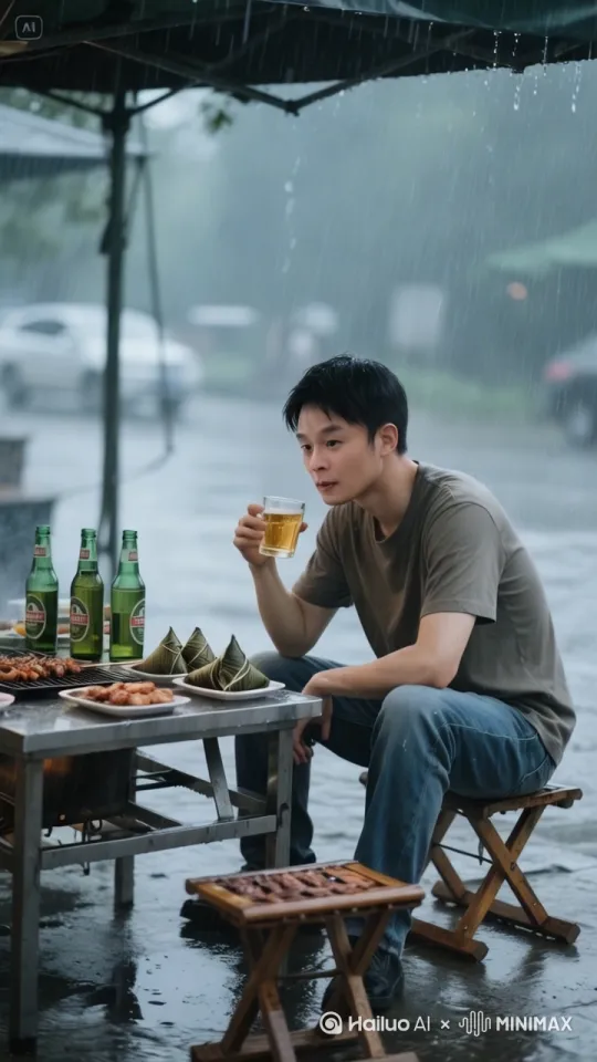 [变焦推进,推进,左摇]下着雨，男子一杯一杯喝着啤酒，带着小风，吹着头发，衣服，棚子雨水飞溅，地上有倒影，男子咽下一口啤酒。 by Hailuo AI Video Generator