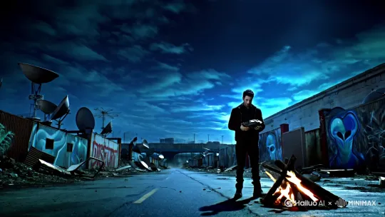 1. 【开场画面】

描述：

Wide shot of a ruined industrial area at night. The sky is cloudy and electric blue flashes occasionally ripple through the clouds. Broken satellite dishes, rusted fences, graffiti of alien faces. A silhouette of a man sits alone by a bonfire, holding a rusted piece of alien tech.

关键词：

post-apocalyptic Johannesburg, District 9 slum, blue lightning sky, abandoned alien tech, cinematic lighting, wide shot, lonely atmosphere

字幕/配音（低沉男声）：

“They said he would never come back. That the aliens just left us behind.”
「他们说他永远不会回来，外星人从没打算救谁。」

⸻

2. 【中段画面】

描述：

Sudden thunder. The man looks up. In the clouds, a massive spacecraft breaches the sky with a gravitational wave ripple. A blue glow floods the street. Hovering drones descend like insects, forming a protective corridor.

关键词：

alien mothership arrival, gravity ripple, high-tech drones, dramatic sky, tense music, cinematic lens flare

字幕/配音：

“But tonight… the sky tore open again. And with it…
came a promise.”

⸻

3. 【高潮画面】

描述：

The spaceship door opens slowly with steam. From the light steps out a 9-foot tall armored Prawn (Christopher). His bio-suit glows faintly. His eyes scan and lock onto the man.

关键词：

armored alien (District 9 style), cinematic slow motion, steam effect, glowing alien tech, deep emotional gaze

字幕/配音：

“Christopher… you came back.”
「克里斯托弗……你真的回来了。」

[加字幕]
“He didn’t return for war.
He returned for a friend.”
「他不是为战争而来，
是为了一句承诺。」

⸻

4. 【结尾画面】

描述：

Close-up of the man’s eyes tearing up. Cut to black as alien engines roar. Title appears.

关键词：

human-alien bond, cinematic emotion, black fade out, suspenseful music

片尾字幕：

“District Nine: Return”
Coming soon — 2025.01

⸻

🎨 推荐视觉风格：
	•	色调：冷色调主导，带少量橘红火光点缀（突出对比）
	•	画幅：2.35:1 电影宽银幕格式
	•	光效：电影级光追，侧逆光、镜头眩光（lens flare）
	•	动作节奏：慢镜头切入 → 快速推进 → 慢节奏情感落点 by Hailuo AI Video Generator