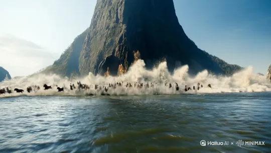 神山快马加鞭未下鞍惊回首离天三尺三山倒海翻江卷巨澜。奔腾急万马战犹酣山刺破青天锷未残天一最赖以柱其间。 by Hailuo AI Video Generator