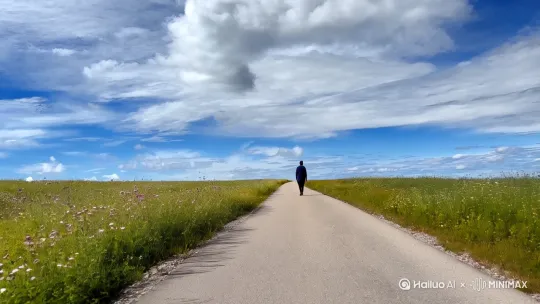 走在一条平坦细长的通向天尽头的路[推进,上升]，头顶蓝天白云在后退[右摇,变焦推进]，路边茂密的野花野草随风摇曳[右摇]，一直走一直走[跟随] by Hailuo AI Video Generator