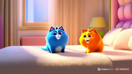 生成一个小蓝胖猫和一个橘色胖猫在床上蹦 飞起来 然后飞出窗外 by Hailuo AI Video Generator