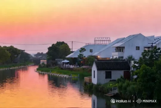 夕阳在缓慢落下，河流在流动，但是的花草树木在轻轻摇曳 by Hailuo AI Video Generator