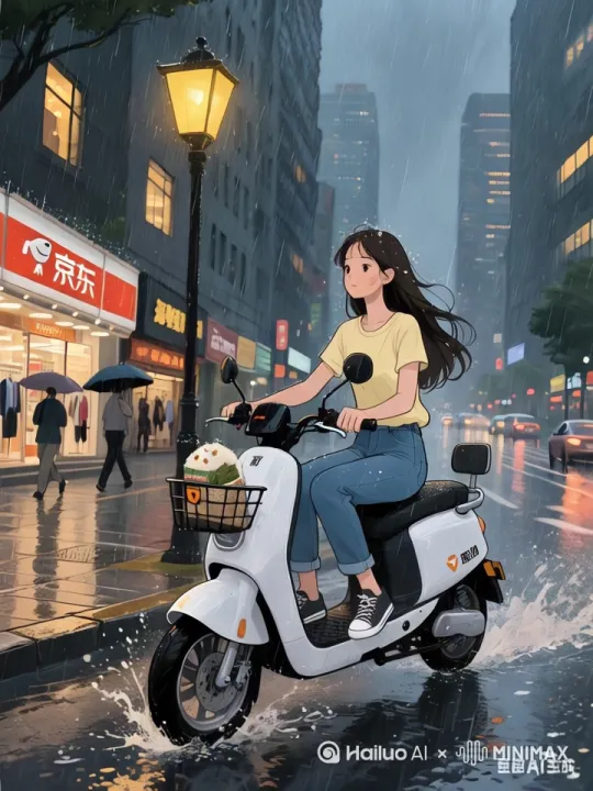 帮我生成一个视频：这位女性骑着电动自行车在雨中快速骑行，轮胎飞溅雨花，偶尔右手抬起偶尔擦拭额头上的雨滴，路上的轿车飞驰而过，空中能看到雨帘，行人打着雨伞，匆匆走过。[左移,跟随] by Hailuo AI Video Generator