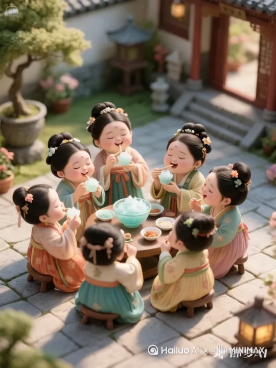 运镜方式：由上至下拉镜头，先展示整个庭院 场景，再聚焦到小美女品尝冰粉，预期效果是 展现整体欢乐氛围，给人圆满的感觉。 by Hailuo AI Video Generator