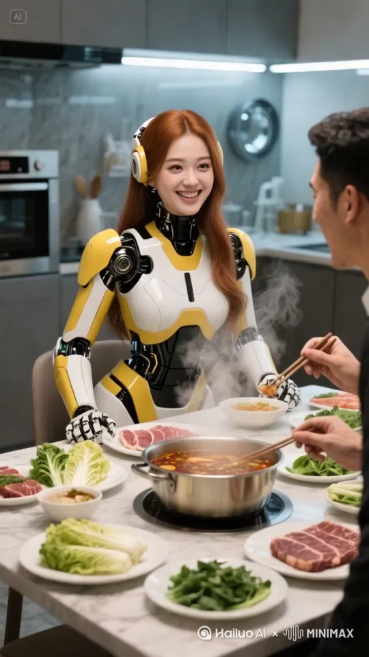 帮我生成视频:男士在吃火锅！机器人看着他吃 by Hailuo AI Video Generator