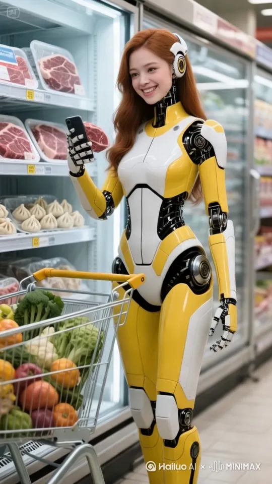 帮我生成视频:机器人在超市买火锅食材 by Hailuo AI Video Generator
