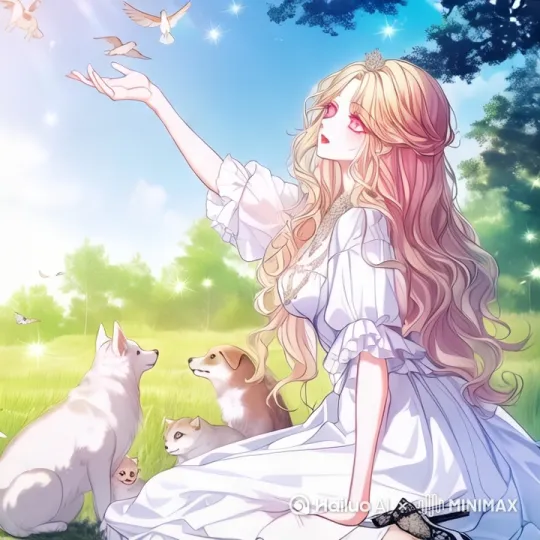 女孩周围有各种小动物围绕着女孩，天空的小鸟自由飞翔，风吹动的女孩的头发轻微飘散 by Hailuo AI Video Generator