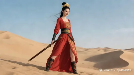 帮我生成一个视频:电影质感超高清晰画面 主体描述:唐朝女侠苏瑶,身姿婀娜矫健,一袭红底金绣齐胸襦裙随风轻摆,绯色半臂更显英气。高髻配鎏金花簪,几缕发丝垂落肩头,琼鼻樱唇挂着自信浅笑。
动作描述:向镜头走来 然后转了个身 然后使用神通 化作一缕青烟 消失不见
场景与环境描述:静谧的鸣沙山月牙泉沙漠,银白月光洒在起伏的沙丘上,远处月牙泉在月色下泛着微光。
运镜方式:先镜头特写脸部,微笑的表情 然后镜头下移 特写 左手拿剑 ,人物向前走两步 ,旋转旋转镜头拉远
氛围与情感描述:氛围神秘奇幻,苏瑶灵动的翻滚动作展现出她的矫健与自信,青烟消散又增添了几分莫测。
风格描述:写实中融入奇幻元素,色调偏冷,突出月夜沙漠的清冷与女侠的独特风采 by Hailuo AI Video Generator
