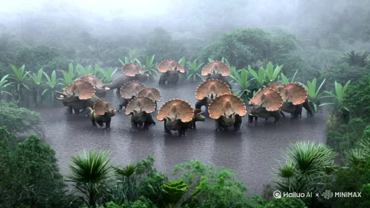 暴雨后的泥泞丛林，雾气弥漫。镜头俯拍：一群体型庞大的三角龙正在啃食苏铁类植物，幼崽被围在群体中央。  
**【特写】**  
灌木丛中，一对橙黄色的竖瞳猛然睁开——霸王龙的下颚缓缓张开，露出香蕉状锯齿。 by Hailuo AI Video Generator