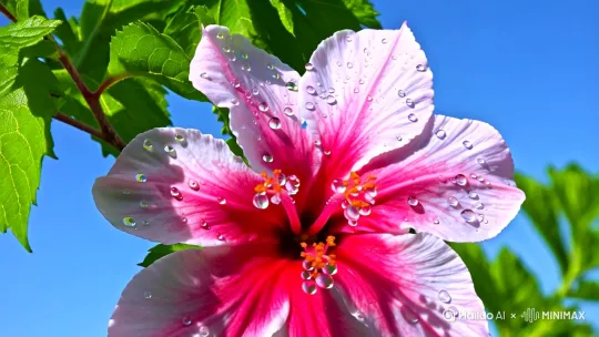 粉红色木槿花，花瓣上有水珠，水珠滴落，绿色叶片，蓝色天空，写实风格，特写。 by Hailuo AI Video Generator
