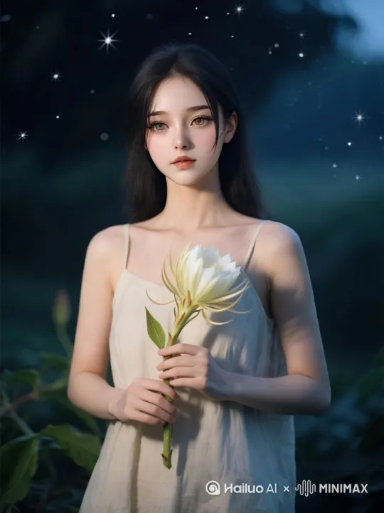 梦核延时摄影，聚焦昙花暗夜绽放。微距花苞带银白绒毛，蓝紫夜幕缀星尘。半透明花瓣展淡青脉络，边缘泛金光，如丝绸缓舒，花蕊凝露。柔光粉紫银灰交织，虚化树影、光点漂浮，伴隐约声息。镜头缓缓环绕，记录蜷缩至盛放的立体动态，时光粒子随花瓣掀动流淌。收尾拉远，昙花融淡蓝雾霭，定格“刹那永恒”的超现实梦境，全程慢节奏呈现舒展细节，强化梦核虚幻诗意。镜头推进，聚焦在慢慢盛开的昙花上。 by Hailuo AI Video Generator