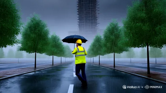 下雨天
早晨，天微暗
一位带着安全帽安全马甲农民工打着伞在人形道往前走，背影孤单
路两边是两排绿色小树
前面是一座正在施工的大楼 by Hailuo AI Video Generator